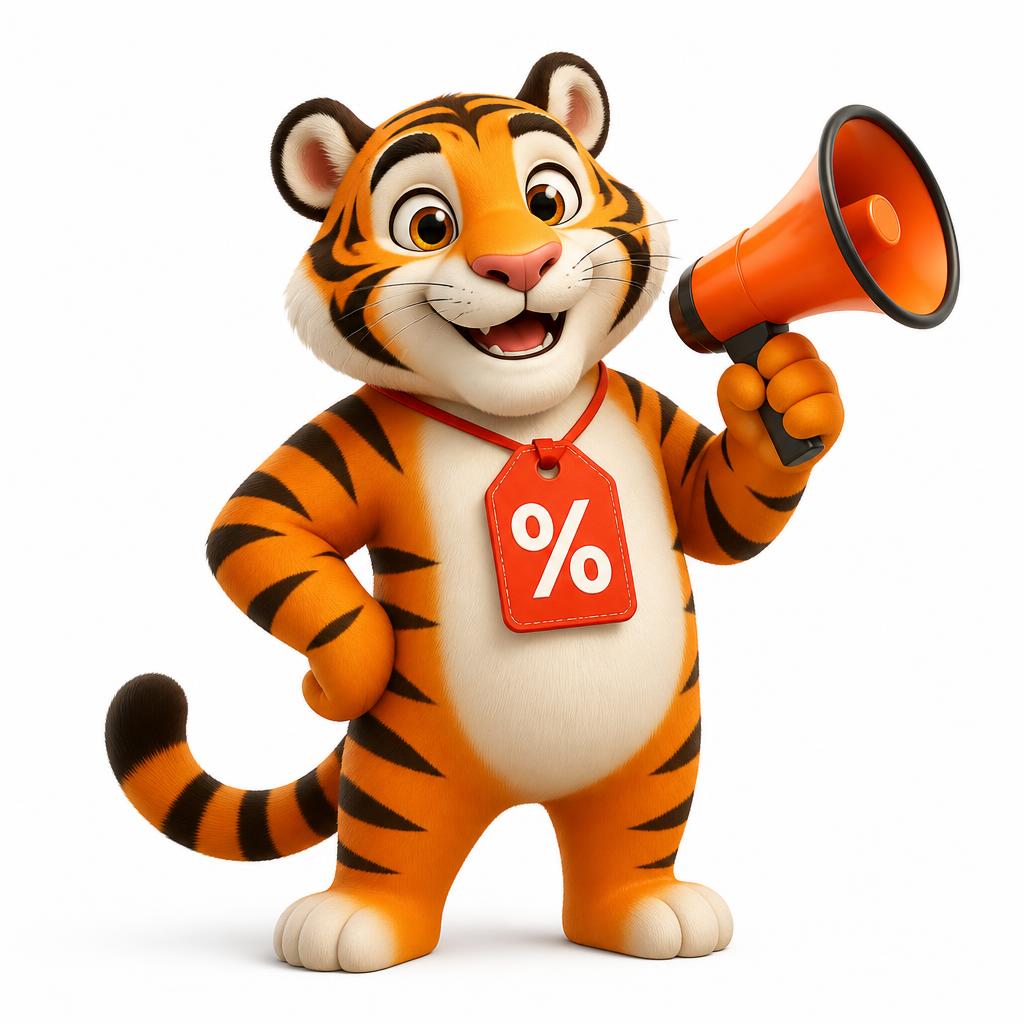 Mascote Tigre Promo segurando um megafone com uma etiqueta de desconto